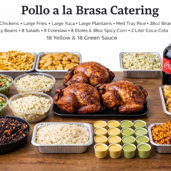 Pollo Xpress catering spread with three whole chickens, fries, salads, rice, beans, corn, and sauces.