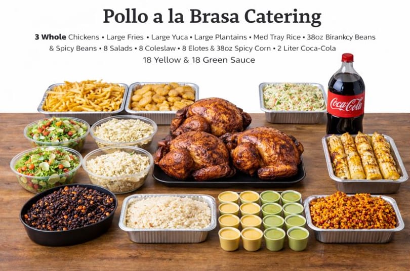 Pollo Xpress catering spread with three whole chickens, fries, salads, rice, beans, corn, and sauces.