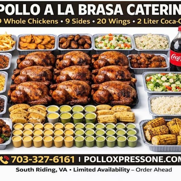 Pollo Xpress catering spread with whole chickens, sides like fries, rice, beans, corn, and sauces.