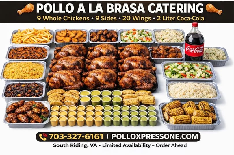 Pollo Xpress catering spread with whole chickens, sides like fries, rice, beans, corn, and sauces.