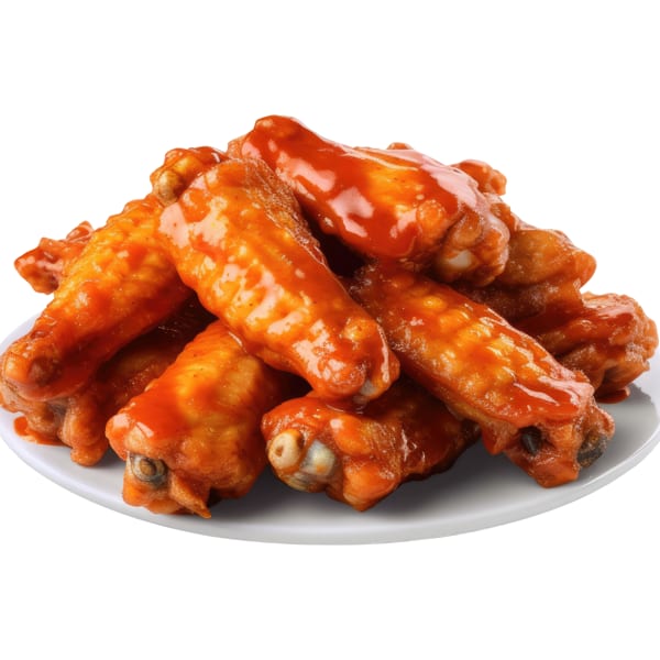 A white plate piled high with Pollo Xpress halal chicken wings coated in a vibrant orange sauce.