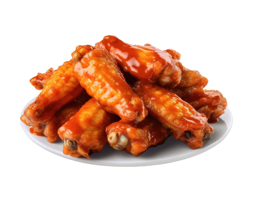 A white plate piled high with Pollo Xpress halal chicken wings coated in a vibrant orange sauce.